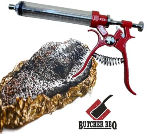 Butcher BBQ Pistol Grip Gourmet Meat Injector Syringe | Metal Handle | 50cc Pistol Grip Injection Syringe | 2 Different Needles for Different Meats | BBQ Smoker Accessories | Tailgating Accessories