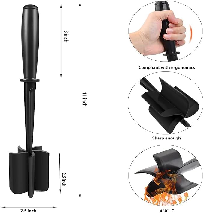 Meat Chopper for Hamburger, Professional Heat Resistant Masher Smasher Kitchen Tool for Turkey Ground Beef, Multipurpose Chopper Mincers Gadgets for Potato Fruits Vegetable (Black, 1PCS)