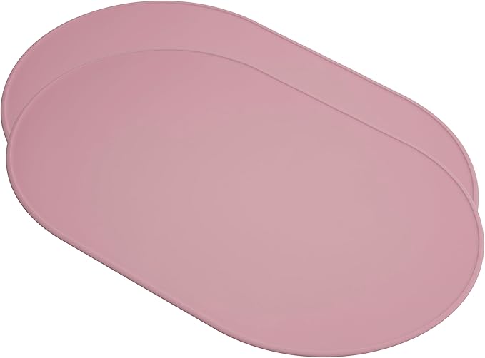 LINE+ARC Oval Silicone Degrē Placemats, Rose (20.5"x13", Set of 2) | Modern dining table mats with 3mm raised spill rim, waterproof, heat-safe, stain-resistant, non-slip design, pink
