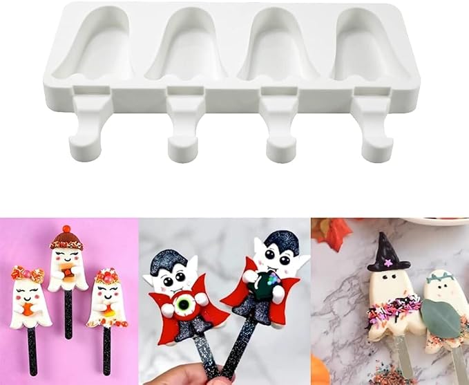 1 Pack Halloween Cute Ghost Shape Popsicle Molds Silicone Ice Pop Molds 4 Cavities Popsicle Molds for Kids Adults Ice Cream Mold Cakesicles Mould DIY Popsicle Maker Homemade Popsicle Silicone Molds B