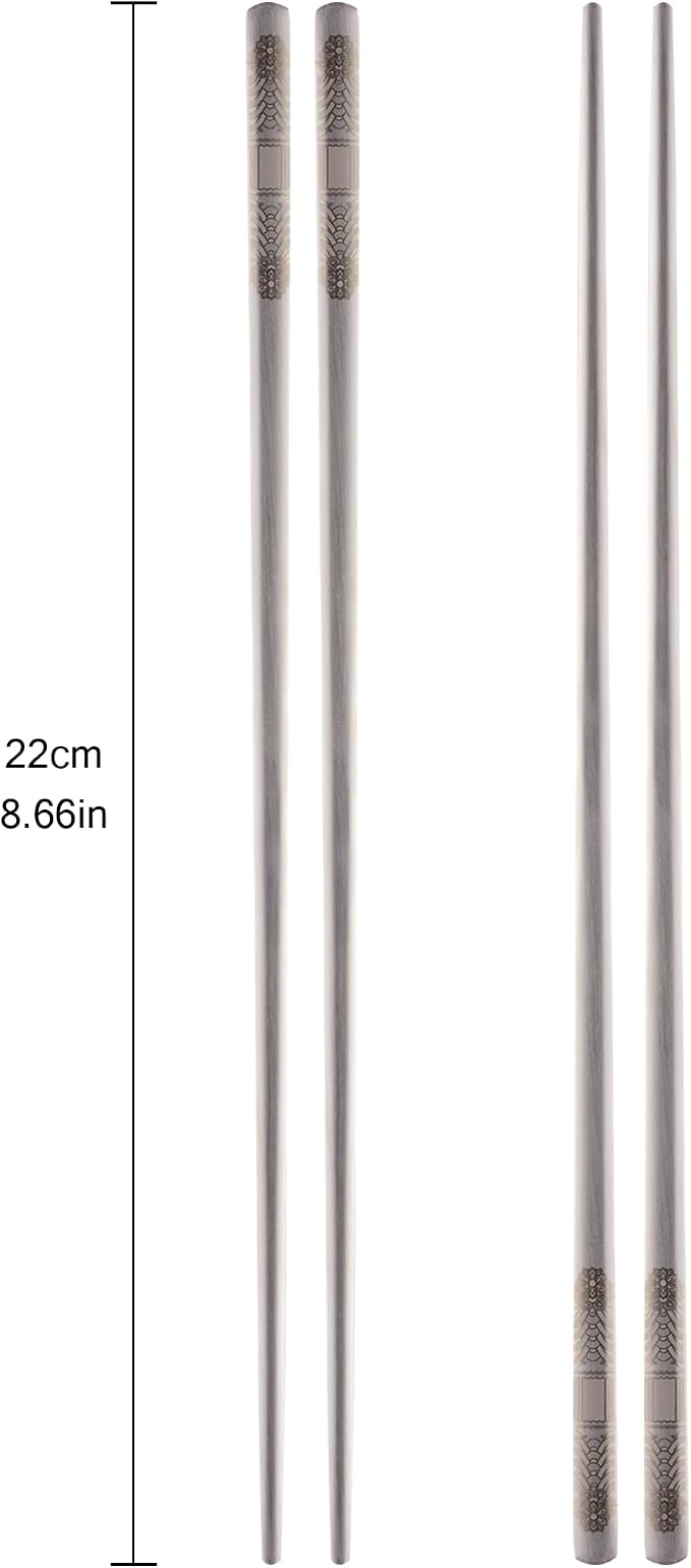 Korean Metal Chopsticks 2 Pairs, Matte Silver Stainless Steel Chopsticks with Dancheong Pattern Engraving, Reusable Dishwasher Safe Gift Set