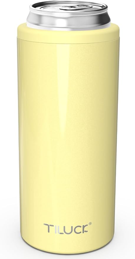 TILUCK Skinny Can Cooler, Stainless Steel Insulated Slim Cans, 12 oz | Beer & Hard Seltzer, Doucle-Walled Stainless Steel Insulated Slim Cans, Slim 12 oz(Lemon)