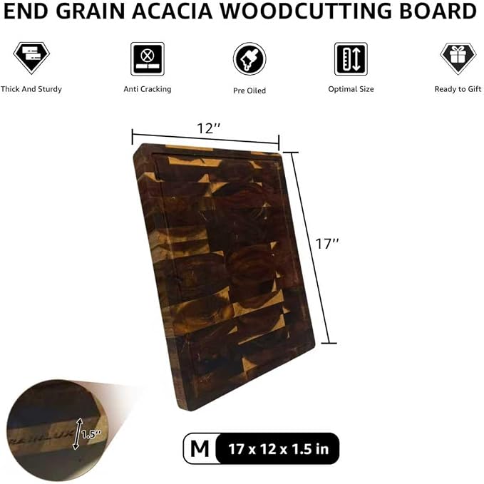 Walnut Wood Cutting Board for Kitchen, End Grain Chopping Board with Juice Groove, Heavy Duty Checkered Board for Cheese and Vegetables, Non-slip Feet, 17" × 12" × 1.5"