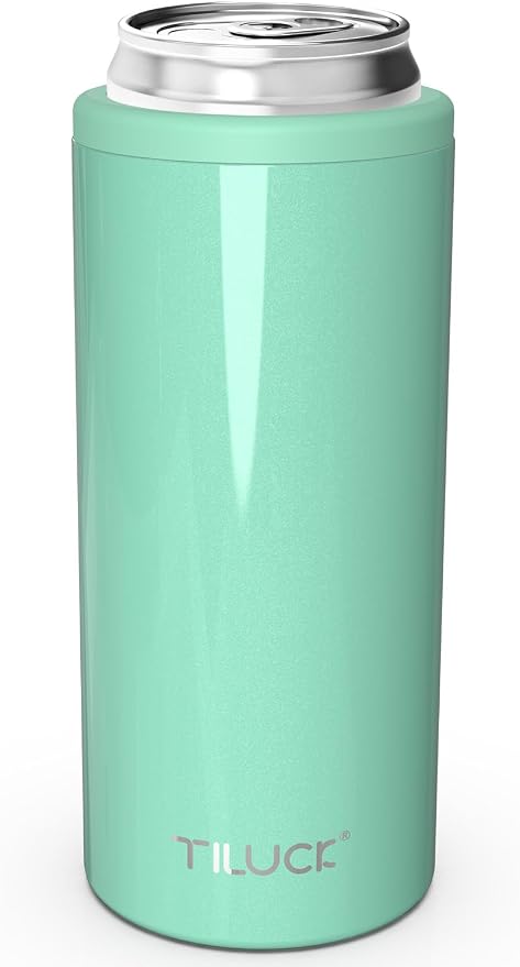 TILUCK Skinny Can Cooler, Stainless Steel Insulated Slim Cans, 12 oz | Beer & Hard Seltzer, Doucle-Walled Stainless Steel Insulated Slim Cans, Slim 12 oz (Glitter Aqua)