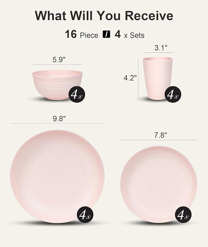 Quatish 16 Piece Plates and Bowls Sets for 4, Unbreakable Dinnerware Sets, Plastic Dish Set for Camping, Dishwasher Microwave Safe, Outdoor Kitchen and Apartment Dorm Dinning RV Essentials, Pink