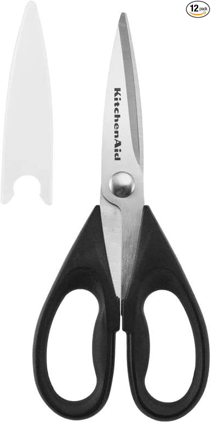 KitchenAid All Purpose Kitchen Shears with Protective Sheath Durable Stainless Steel Scissors, Dishwasher Safe, Soft Grip Comfort Handle, 8.72 Inch, Black, Pack of 12