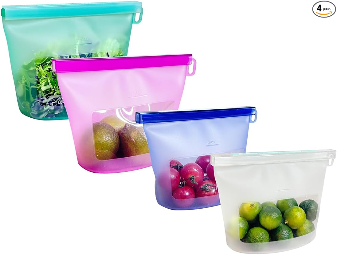 Reusable Silicone Food Storage Bags (Set of 4), Dishwasher Oven Microwave Freezer Safe, Eco-Friendly 100% Platinum, Leakproof Sous Vide Bags, Premium Lunch Containers, 2 Snack 2 Sandwich, Mixed