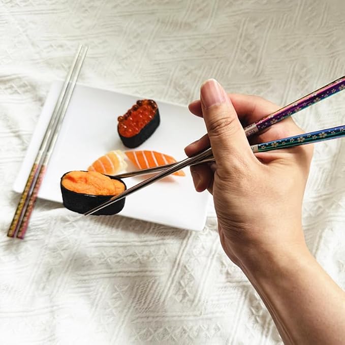 2Pairs Iridescent Stainless Steel Chopstick Reusable Dishwasher Safe Sakura | Anti-slip,Heat-resistant,Engraved Flower Pattern,Multicolor