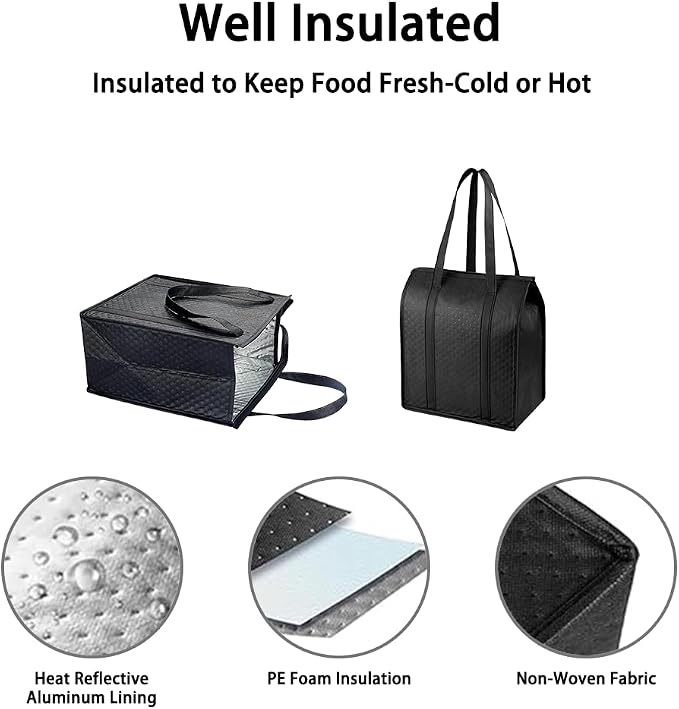 2-Pack 18L Black Insulated Grocery Bags with Zipper | Reusable 3-Layer Insulated Cooler Bags, Foldable for Shopping, Camping & Beach Trips