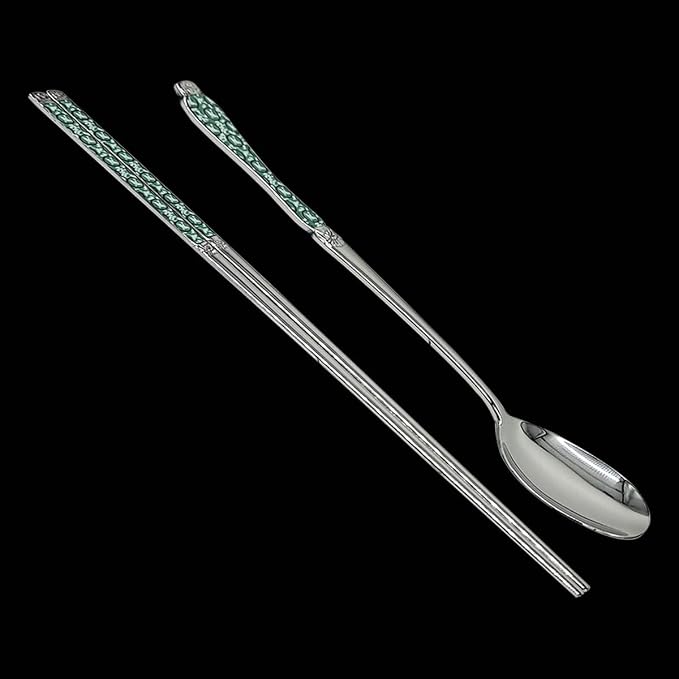 [Made in Korea] Goryeo Celadon Design Korean Table Sticky Rice Spoon and Chopsticks 430 Stainless Steel Glossy Surface Mukbang Cutlery (Blue, 5 Sets)