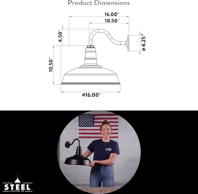 Steel Lighting Co. Gardena Barn Light | Outdoor Wall Mounted | 16" Dome | 11" Gooseneck | Farmhouse Light Made in America | Red Exterior/White Interior