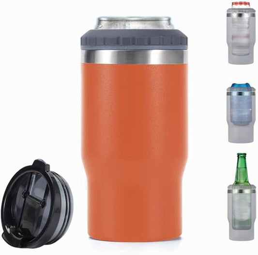 14oz 4 in 1 Stainless Steel Can Cooler Beer Bottle Insulator With 2 Lids for 12oz can&bottle, Double walled insulated Thermocooler &Travel Mug Holder Keeping Your Bevearge Cold (Orange#)