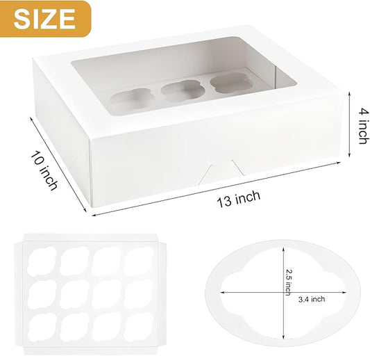 Kucoele 12 Count Cupcake Boxes, 6 Pack White Cupcake Containers with Windows and Inserts, Disposable Cupcake Carriers for Muffins, Treats, Pastries, 13 x 10 x 4 Inches