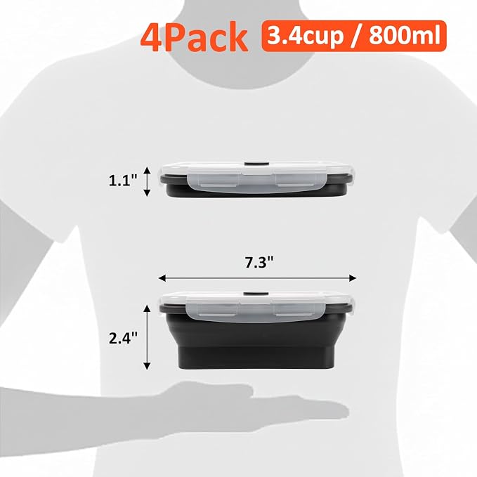 Collapsible Silicone Food Storage Containers Set with Lid & Air Vent,Foldable Lunch Containers(4PCS,Black,27oz)