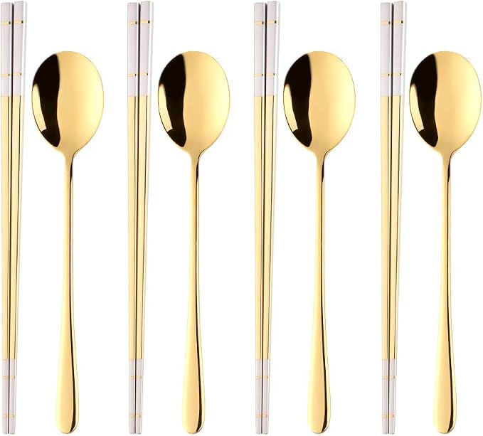 Buyer Star 4 Set Gold Square Chopsticks and Spoons Set Metal Stainless Steel Spoons Chopsticks Set