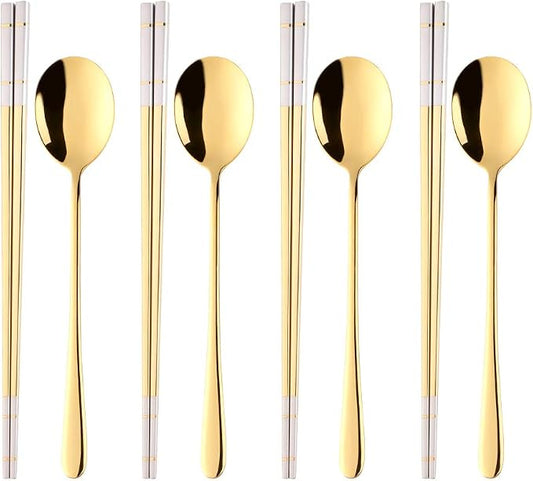 Buyer Star 4 Set Gold Square Chopsticks and Spoons Set Metal Stainless Steel Spoons Chopsticks Set