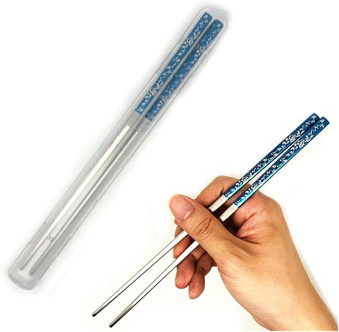 1Pairs Metal Chopsticks 304 Stainless Steel Chopsticks Set,Flower Metal Chop sticks Reusable, Dishwasher Safe,Anti-slip ,9.25inch (Blue)