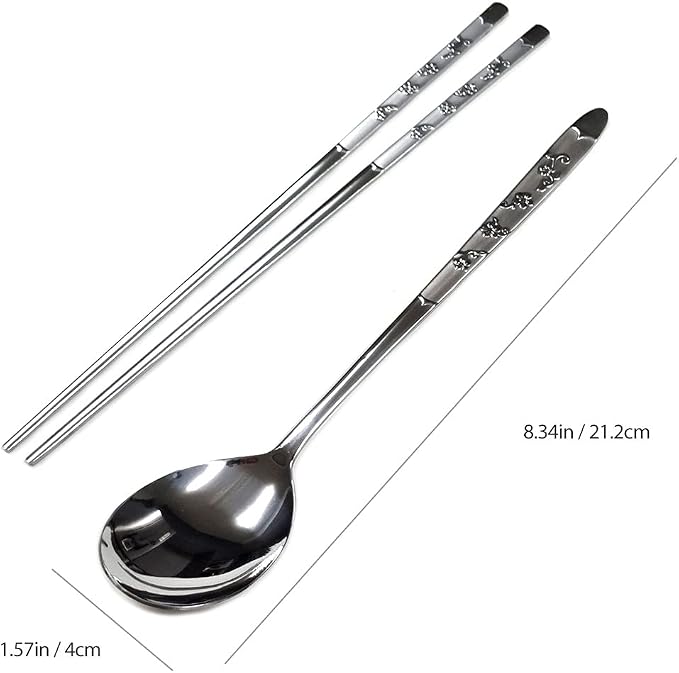 GARASANI Korean Traditional Cutlery Stainless Steel Spoons and Chopsticks Set (Silver Petal)