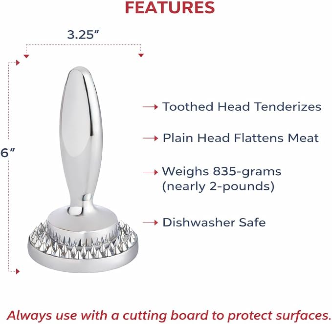 HIC Kitchen Dual Sided Meat Tenderizer Marinating Prep Tool, Chrome-Plated Zinc, 835 Grams, For Flattening Cutlets And Tenderizing Meat
