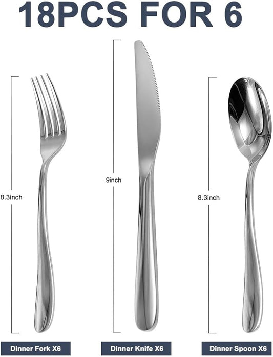 Stainless Steel 18PCS Dinner Set combo with 6 Dinner Knives, 6 Dinner Forks, 6 Dinner Spoons，Silverware Set for Home, Kitchen and Restaurant, Mirror Polished& Dishwasher Safe