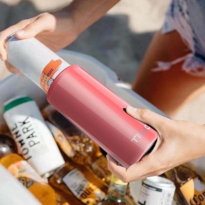 TILUCK Skinny Can Cooler, Stainless Steel Insulated Slim Cans, 12 oz | Beer & Hard Seltzer, Doucle-Walled Stainless Steel Insulated Slim Cans, Slim 12 oz(Glitter Coral)