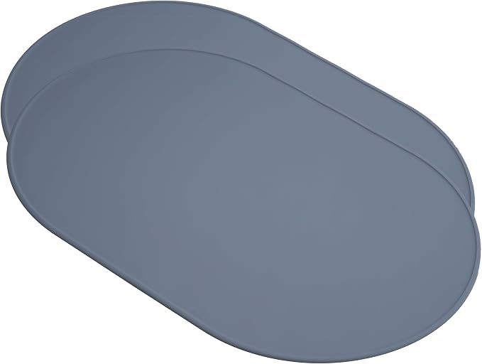 LINE+ARC Oval Silicone Degrē Placemats, Stonewash (20.5"x13", Set of 2) | Modern dining table mats with 3mm raised spill rim, waterproof, heat-safe, stain-resistant, non-slip design, blue