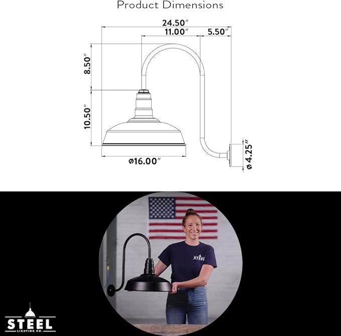 Steel Lighting Co. Gardena Barn Light | Outdoor Wall Mounted | 16" Dome | Upslope Gooseneck | Farmhouse Light Made in America | Galvanized Exterior/Galvanized Interior