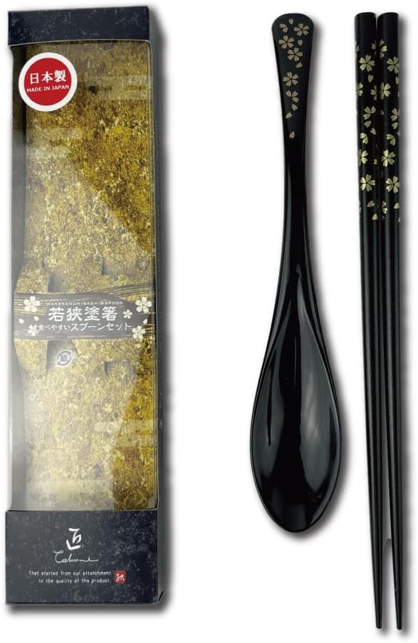 Premium Japanese Chopsticks with Spoon Reusable [ Made in Japan ] Traditional Lacquer Art Wooden Chopsticks (Gold Flower BK(YM2001))