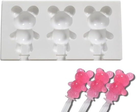 1 Pack Cute Bear Shape Popsicle Molds Silicone Ice Pop Molds 3 Cavities Popsicle Molds for Kids Adults Ice Cream Mold Cakesicles Mould DIY Popsicle Maker Homemade Popsicle Silicone Molds J