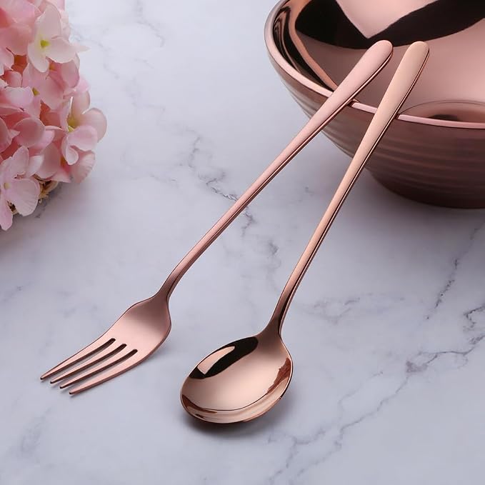 Buyer Star Stainless Steel Korean Chopsticks Spoons and Fork Set, 2 Pack Reusable Forks and Spoons Silverware Korean Utensil Set, Portable Utensils Dinnerware for Home (Rose Gold)