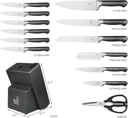 CHUSHIJI knife set with block and Sharpener, 15-Piece Premium Knife Block Set,Anti-slip Handle,Kitchen knife set with Built-in Sharpener,Gift Box Included, Grey