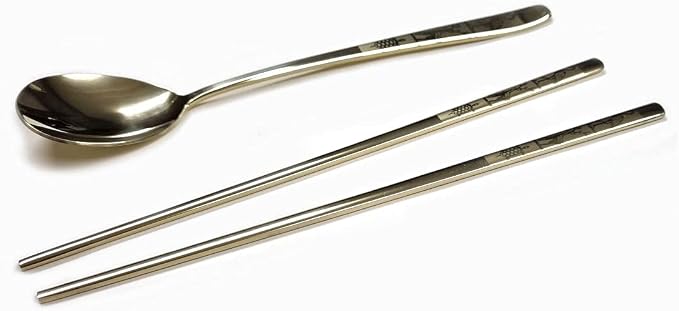 GARASANI Korean Traditional Spoon and Chopsticks Gold Titanium Plated Stainless Steel Cutlery (Gold Longevity)