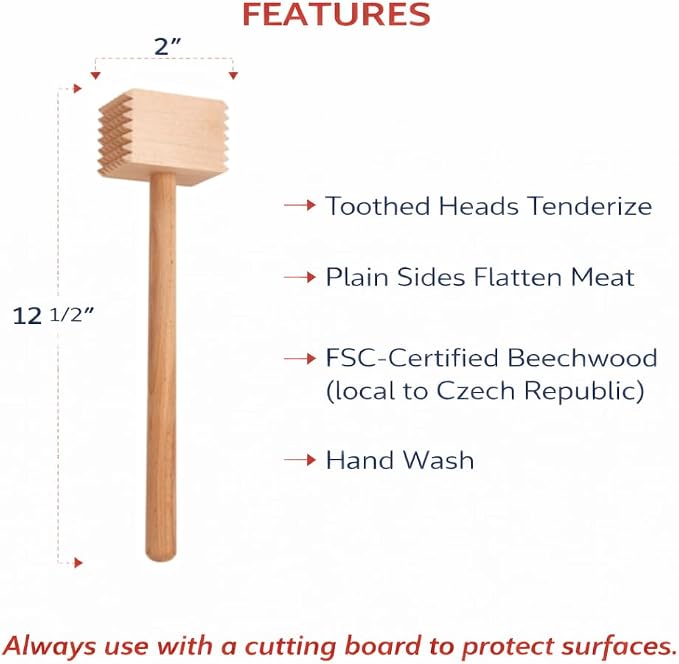 HIC Kitchen Wooden Meat Tenderizer Mallet Marinating Prep Tool, Double Sided, FSC-Certified Beechwood, For Flattening Cutlets And Tenderizing Meat