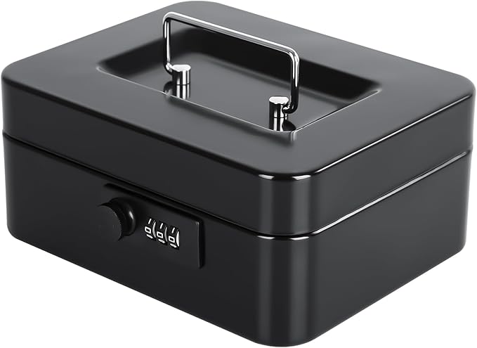 KYODOLED Cash Box with Combination Lock Safe Metal Money Box with Money Tray for Security Lock Box 7.87"x 6.30"x 3.35" Black