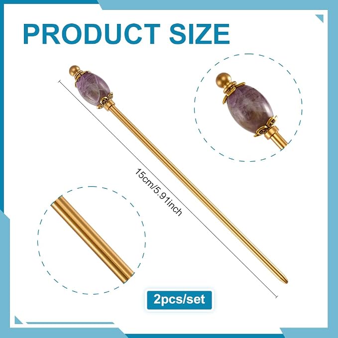 PH PandaHall 2pcs Natural Purple Amethyst Hair Stick Golden Hairpins Chinese Hairpin 5.9 inch Metal Hair Sticks Brass Hairs Chopstick Vintage Hairpin for Women Gift Long Hairs Ornament Accessory