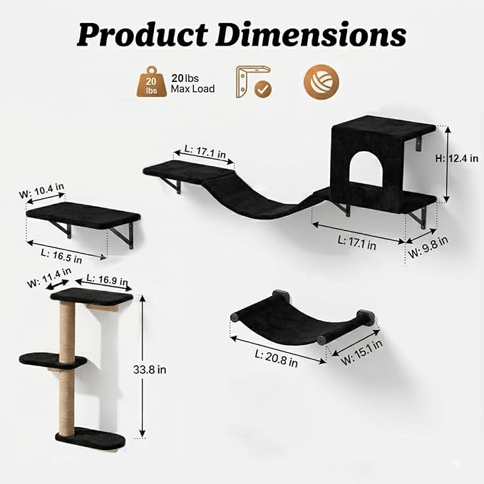 Wall Mounted Cat Furniture Set of 4 – 4 in 1 Cat Wall Shelves with Hammock, Bridge, Climbing Tree & Perch – Shelves for Large Cats, Holds Up to 30 lbs, Indoor Playground