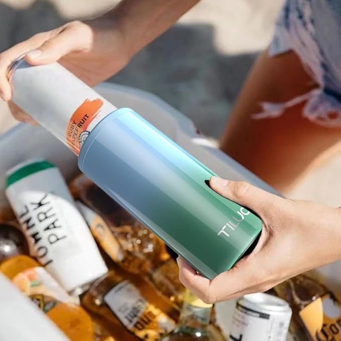 TILUCK Skinny Can Cooler, Stainless Steel Insulated Slim Cans, 12 oz | Beer & Hard Seltzer, Doucle-Walled Stainless Steel Insulated Slim Cans, Slim 12 oz(Teal Gradient)