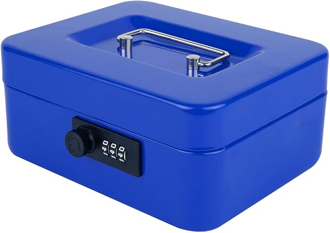 KYODOLED Cash Box with Combination Lock,Safe Metal Box for Money,Storage Lock Box with Money Tray,7.87"x 6.30"x 3.54" Blue Medium