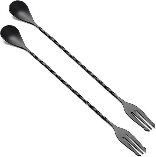 BRIOUT 2 Pcs Bar Spoon, 12 Inches Long Handle Drink Stirrer, Stainless Steel Bar Cocktail Mixing Spoons with Double Ended Design for Stirring, Black