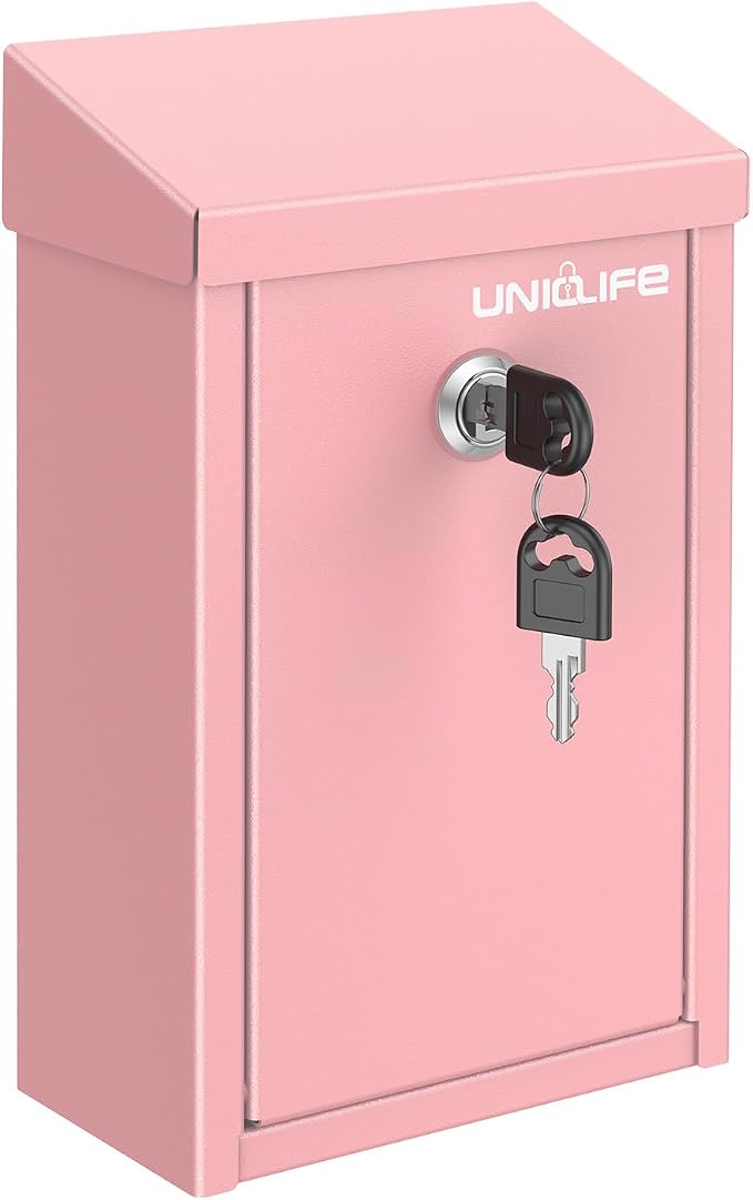 Uniclife Pink Metal Donation Box, Wall Mounted Mailbox for Outside | Safe Suggestion Box with Key Lock, Steel Key Drop Box for Outside, Cash Box for Home Office and Business