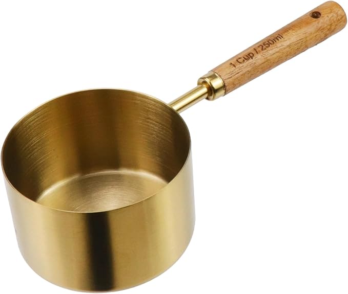 1 Cup Stainless Steel Measuring Cup with Wooden Handle, 250ml | Gold Measuring Scoop, 250ml Measuring Spoon, For Baking, Cooking, Wet and Dry Ingredients