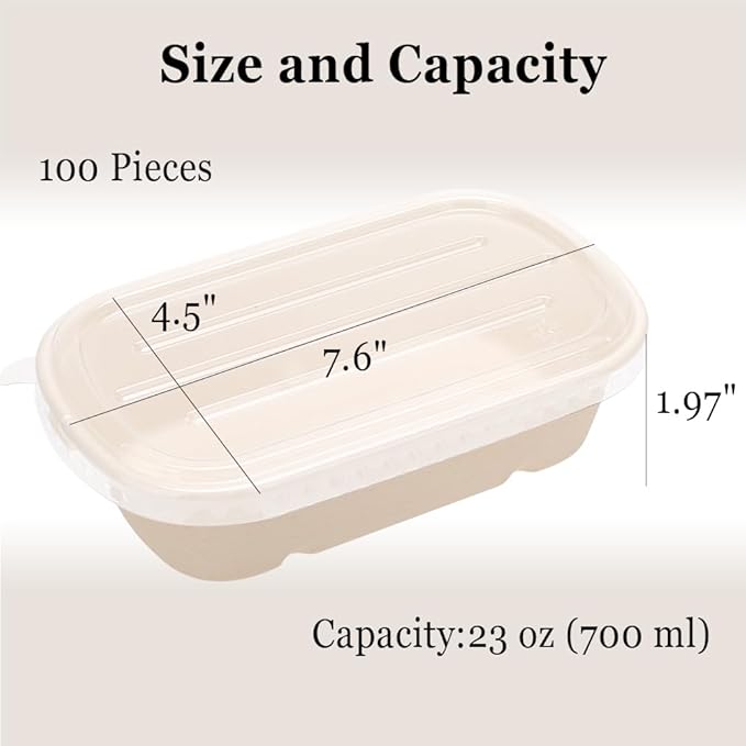 100 Pack 23 Oz Disposable Meal Prep Containers with Lids, Rectangle Paper Bowls with Lids for Salad,Leftovers, Leak-proof To Go Food Box Cardboard Lunch Box Compostable Take Out Food Containers
