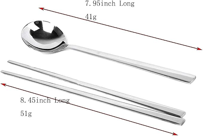 Polished Stainless Steel Spoons and Chopsticks Set, Korean Chopsticks and Spoons tableware with long-hand, Reusable, set of 3-silver
