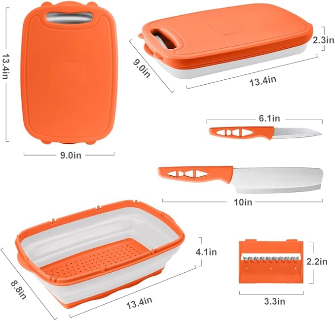 Camping Cutting Board, HI NINGER Collapsible Chopping Board with Colander, 9-In-1 Multi Kitchen Vegetable Washing Basket,Camping Gifts Accessories for RV Campers | Multi Camping Cutting Board Kitchen Vegetable Washing Basket for Camper ,bbq prep tub,Ca...