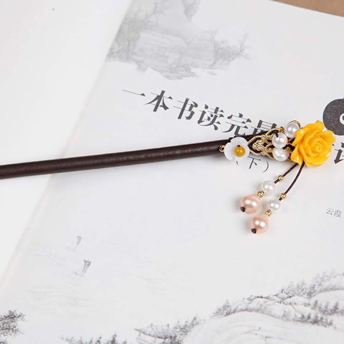 Wooden Hair Pins 7" Chinese Yellow Flower Hair Sticks For Long Hair 1 Pack Buns Accessories for Girl