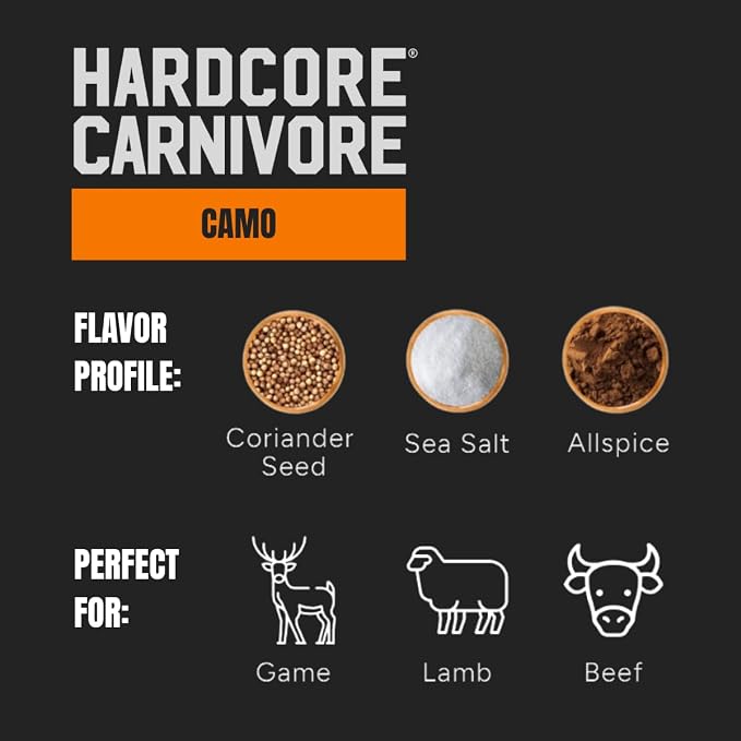 Hardcore Carnivore Camo | Wild Game Rub for Venison, Elk & Lamb, 10.5oz | Savory herbs & balanced spices elevate wild game flavor. Great on venison, lamb & pork. MSG Free & Gluten Free