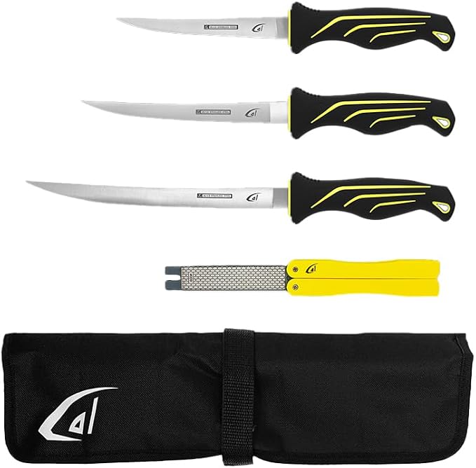 danco 5-Piece Fillet Knife Kit with Roll Bag, Folding Sharpener, 6-9 Inch | 5-Piece Fillet Knife Kit, 6, 7 and 9-Inch Stainless Steel Blades, Folding Sharpener, 1000D Roll Bag, Fresh/Saltwater Use