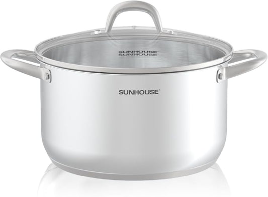 SUNHOUSE 8 Quart Stock Pot with Lid - 3-Ply Bottom Stainless Steel Pasta Cooking Canning Dutch Oven Pot - Induction Compatible for All Stovetops - Dishwasher Safe & Oven Safe