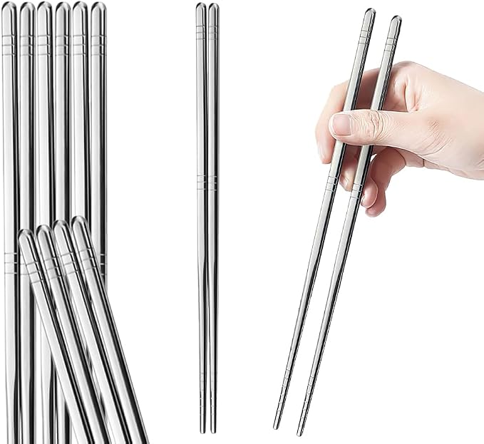 Premium Reusable Stainless Steel Chopsticks - 5 Pairs, 9.5 Inch, Square, Non-Slip, Dishwasher Safe, Use for Home, Kitchen, Hotel, Restaurant