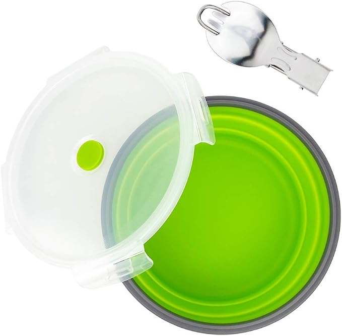 CCyanzi 1200ml Collapsible Camping Bowl Silicone Food Storage Container with Lid and Foldable Stainless Steel Fork Spoon, for Picnic, Travel, Camping, RV, Fridge and Microwave Bowls